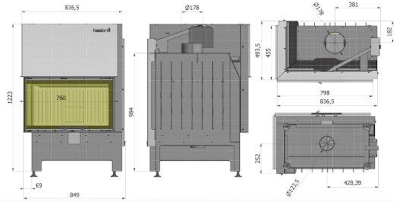Wymiary kominka Heatro 69 Lewy gilotyna
